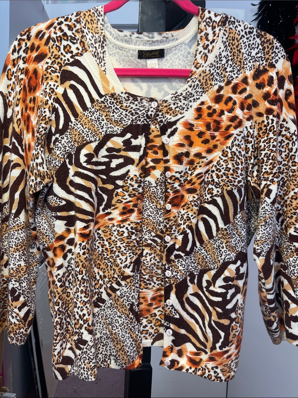 Elizabeth New York animal print cardigan sweater set w/ spattering of sequins